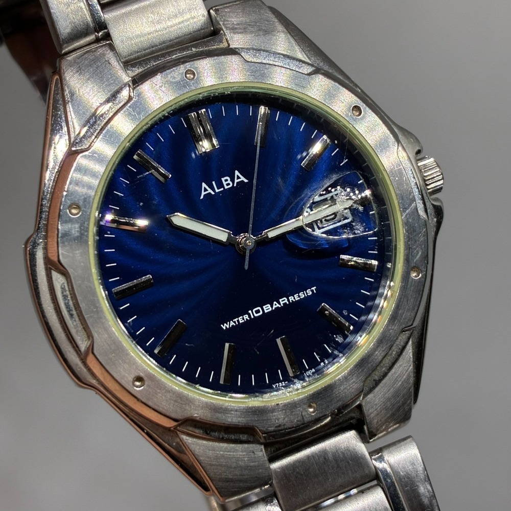 Vintage Seiko Alba V732-0S00 Men's Watch Blue Sunburst Wave Dial-Working!
